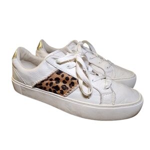 UGG® Dinale Exotic Leopard Print Calf Hair White Leather Sneakers Size 10